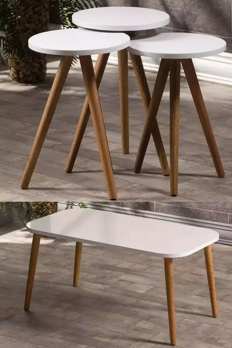 Zigon Sehpa Ve Orta Sehpa Set Ahşap Kr Torna Beyaz